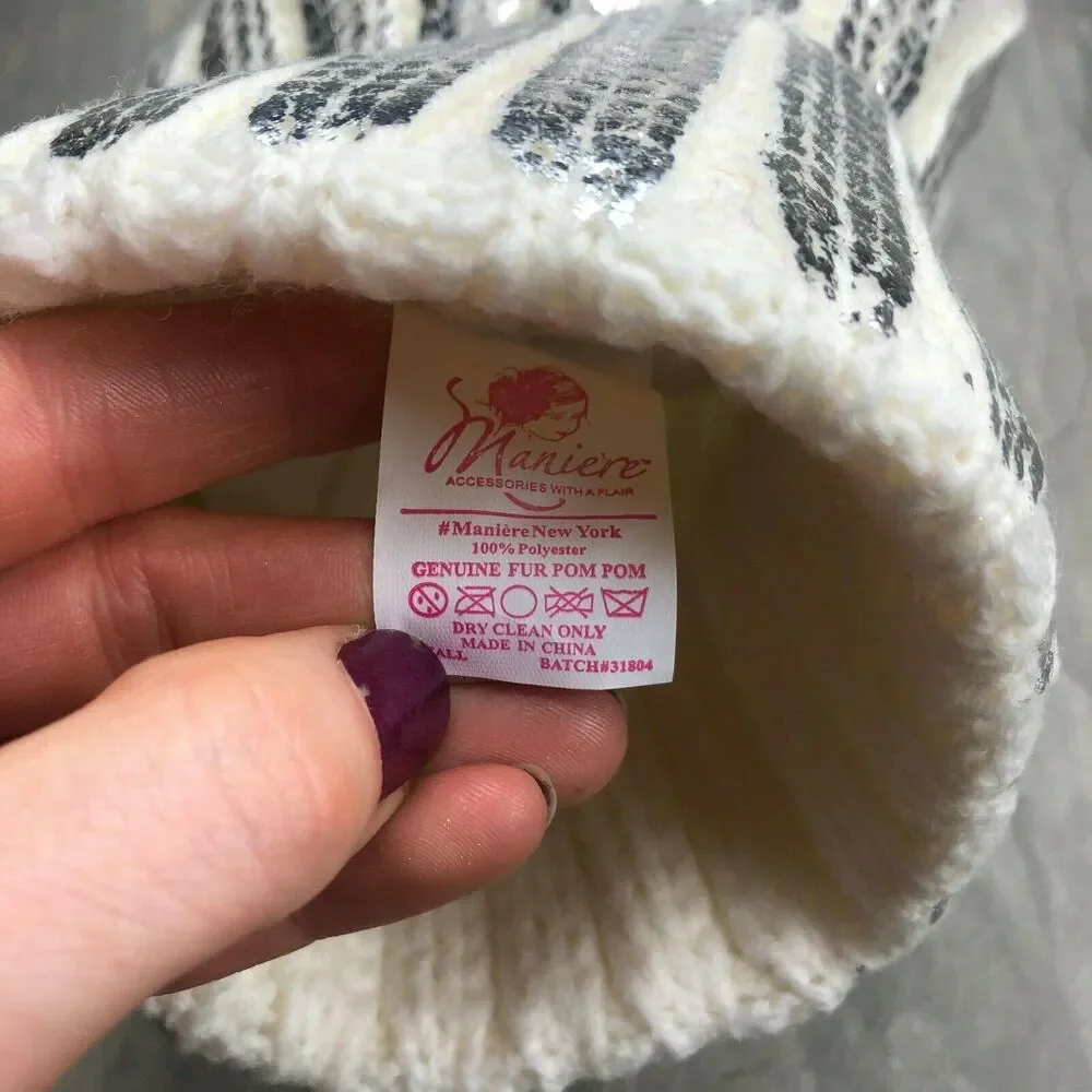 NWT Maniere White Foil Stamped Ribbed Knit Beanie Toddler Girls Size Small 2-4